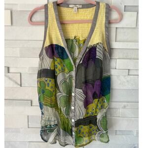 TRINITY 100% Silk Sheer Smocked Back Sleeveless Button Front Modern Floral Top M